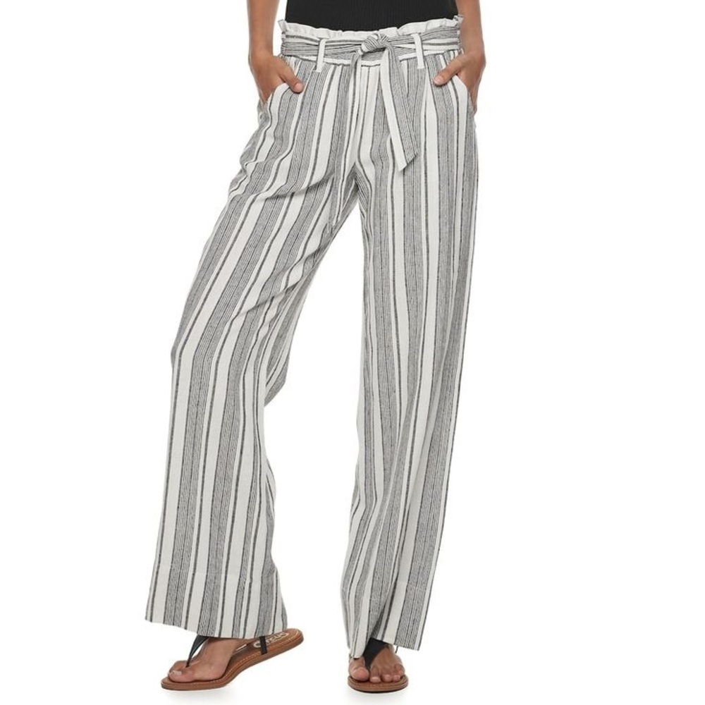 High Waisted Tie Waist Wide-Leg Lightweight Linen Pants, black/white stripe
